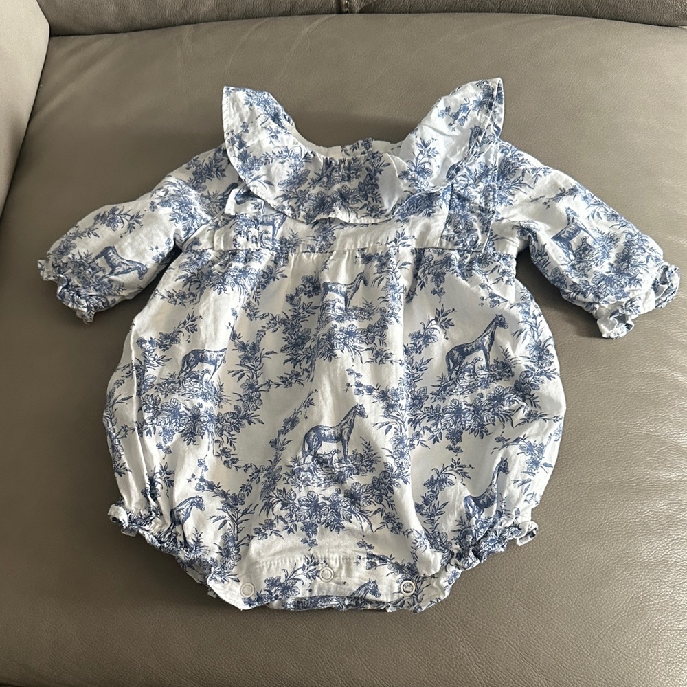 Janie and Jack Blue and White Toile Bubble Romper